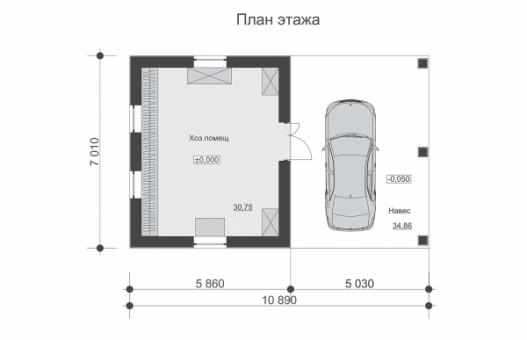 Гараж с навесом и облицовкой камнем.