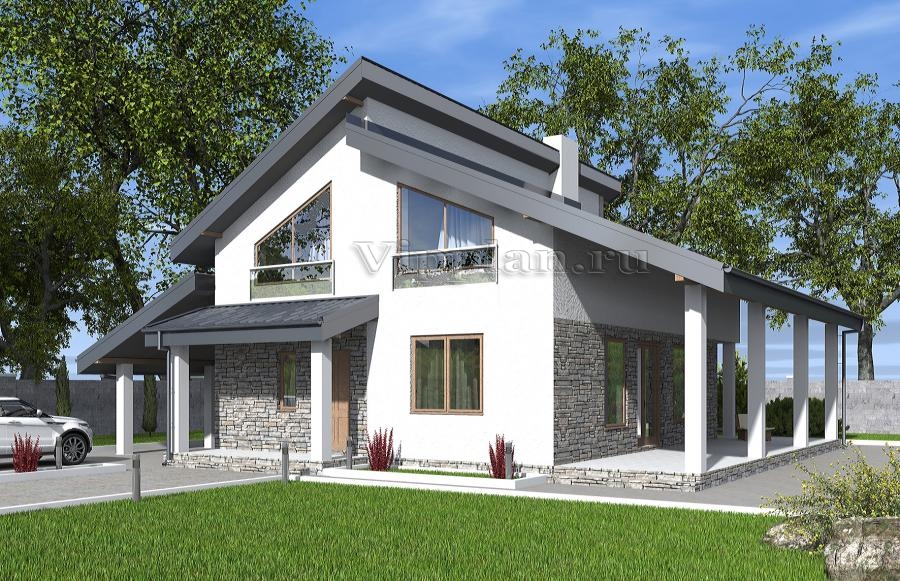 Одноэтажный дом с мансардой, кухней-гостиной, кабинетом и террасой