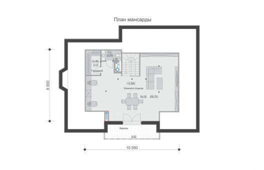 Одноэтажный дом с мансардой, гостиной и тремя спальнями